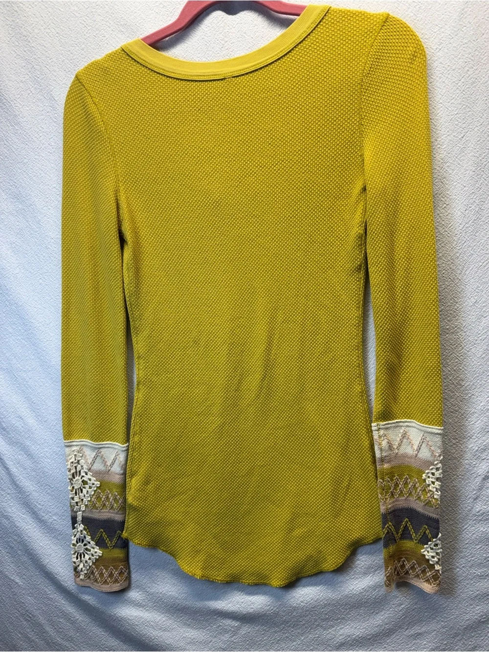 BOHO Chic Free People Mustard Thermal Kombucha Long Sleeve Tee Embroider Sleeve
